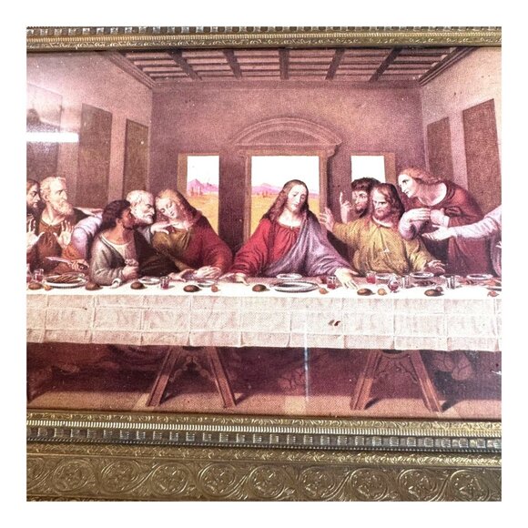 Vintage Metal Framed Velvet Back da Vinci The Last Supper Print 10 3/4” x 5 3/4” - Picture 2 of 10